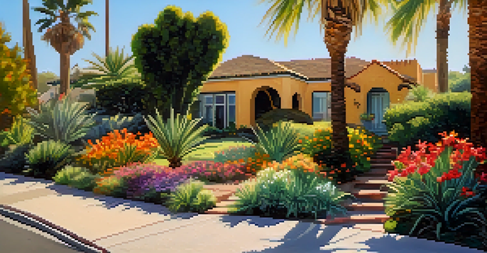 A sunny San Diego street with a vibrant garden full of drought-resistant plants and colorful flowers, showcasing a well-maintained pathway and palm trees in the background.