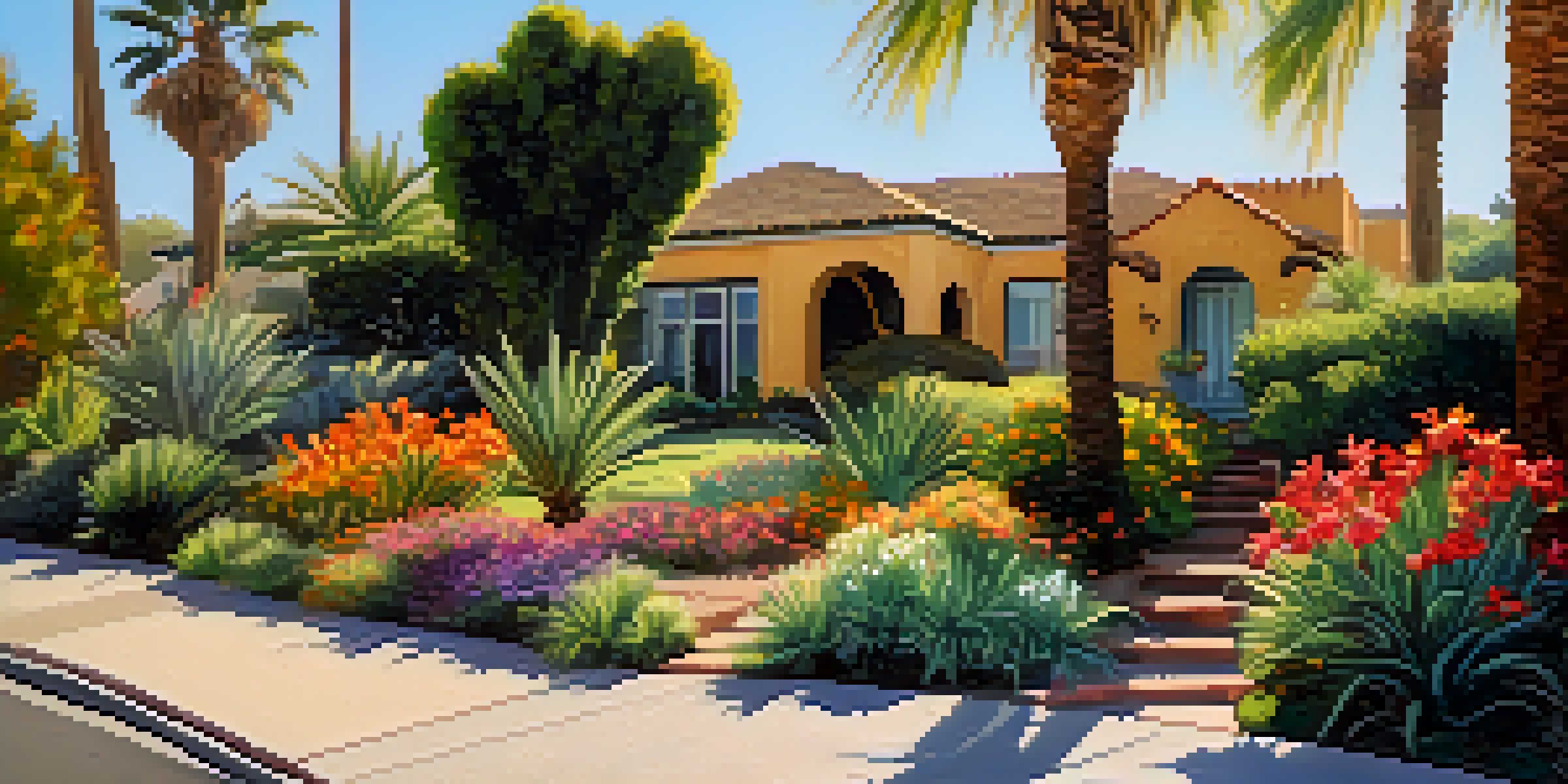 A sunny San Diego street with a vibrant garden full of drought-resistant plants and colorful flowers, showcasing a well-maintained pathway and palm trees in the background.