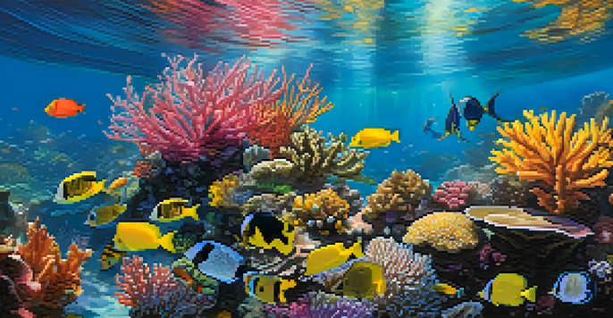 An underwater scene with a colorful coral reef filled with various fish and sunlight filtering through the water.