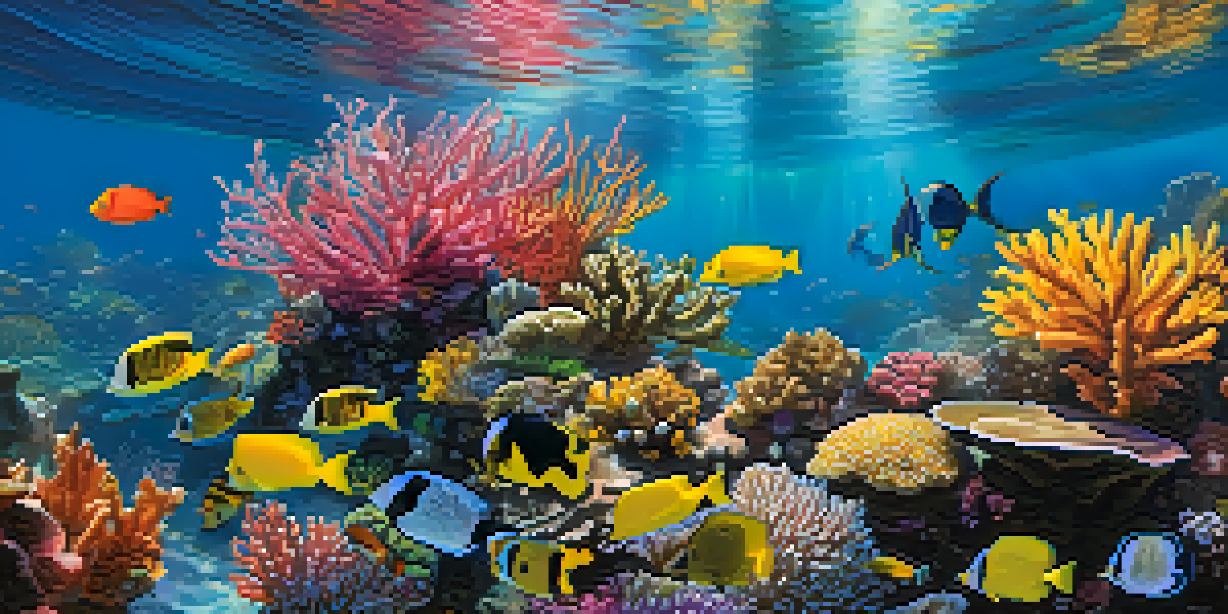 An underwater scene with a colorful coral reef filled with various fish and sunlight filtering through the water.