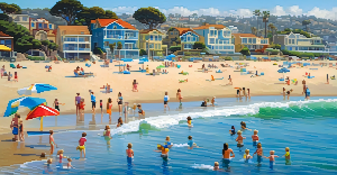 Families enjoying a sunny day at La Jolla Shores beach with children playing in the water and a colorful playground in the background.