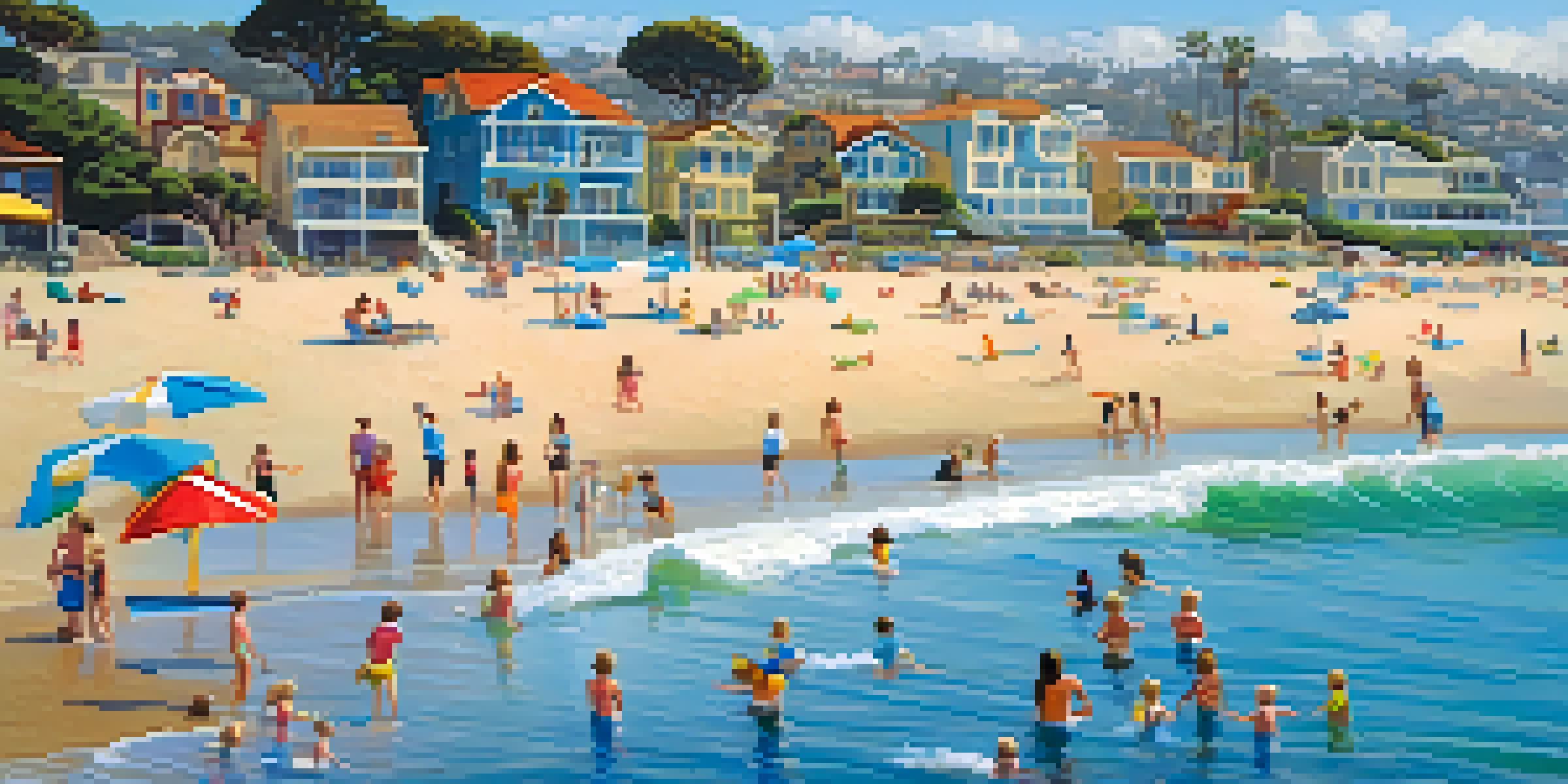 Families enjoying a sunny day at La Jolla Shores beach with children playing in the water and a colorful playground in the background.