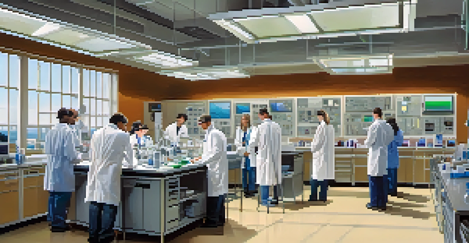 A high-tech laboratory with researchers in lab coats analyzing samples under bright lights.