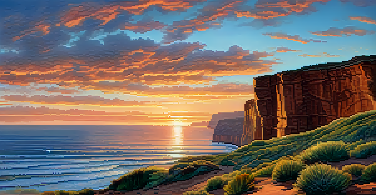 A panoramic sunset view from Sunset Cliffs Natural Park, with vibrant colors in the sky, rugged cliffs, and hikers enjoying the scene.