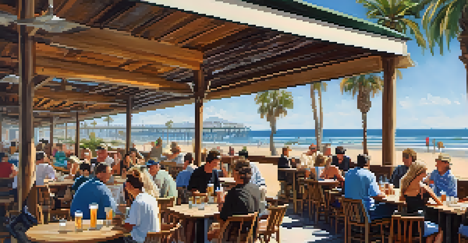 An outdoor patio at Coronado Brewing Company with beach views, people enjoying beers, and palm trees under a sunny sky.