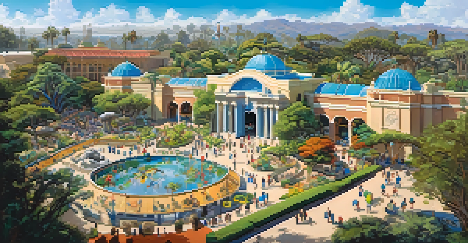 Aerial view of the San Diego Zoo in Balboa Park, showing families looking at animal exhibits amidst lush greenery and a clear blue sky.