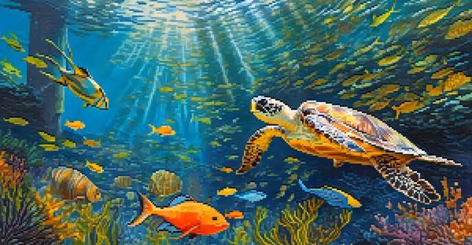 An underwater view of a kelp forest with colorful fish and a sea turtle, illuminated by sunlight filtering through the water.