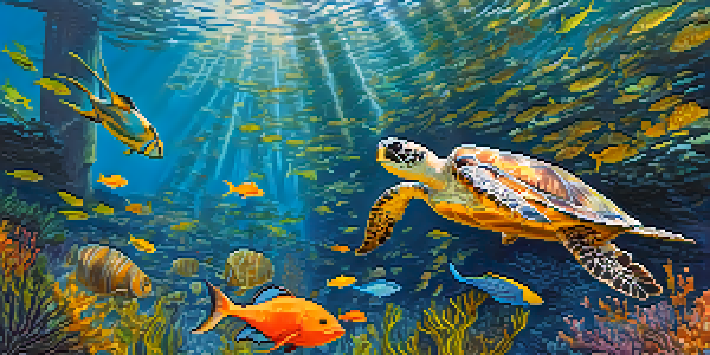 An underwater view of a kelp forest with colorful fish and a sea turtle, illuminated by sunlight filtering through the water.