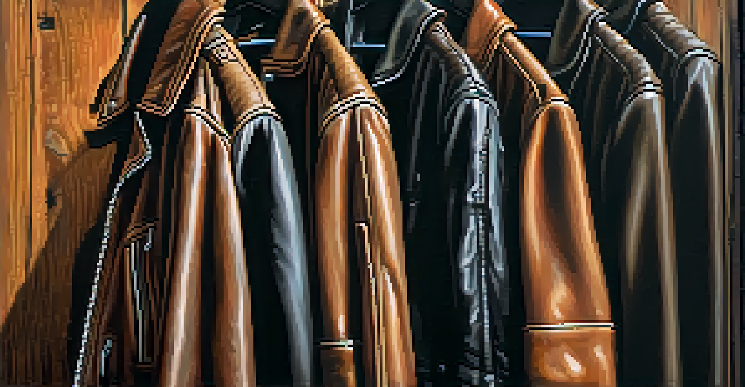 Close-up of a vintage leather jacket on a wooden rack, illuminated by soft sunlight.