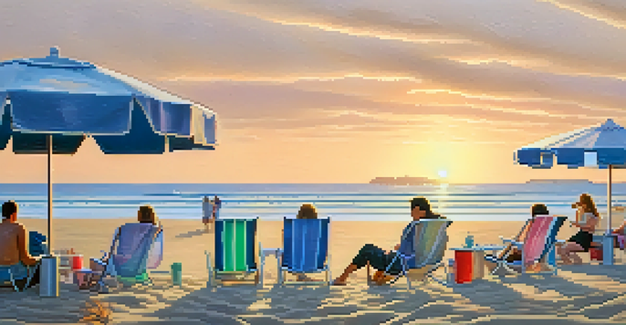 A peaceful beach scene with families picnicking and vibrant umbrellas, against a backdrop of a soothing sunset over the ocean.