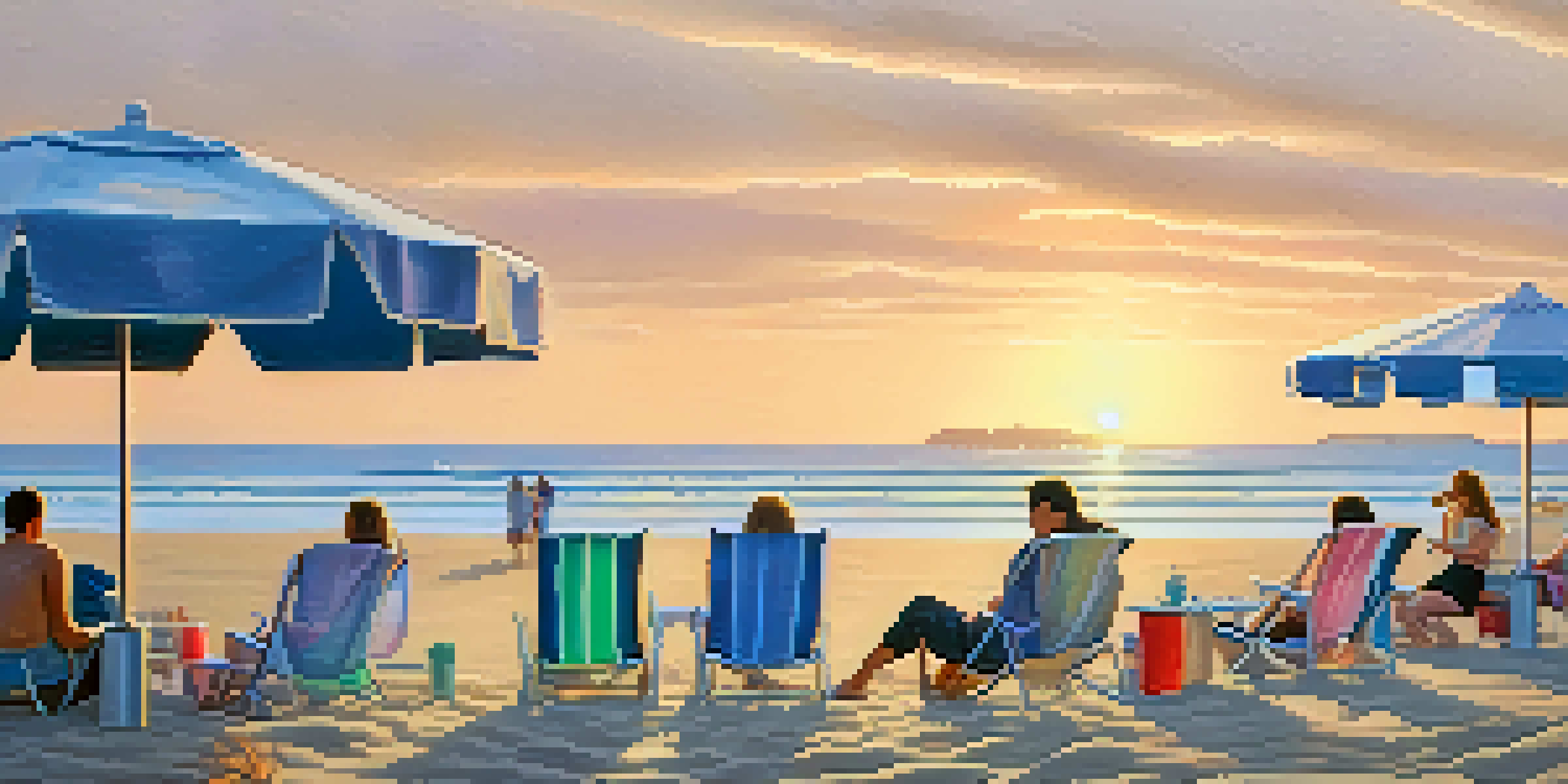 A peaceful beach scene with families picnicking and vibrant umbrellas, against a backdrop of a soothing sunset over the ocean.