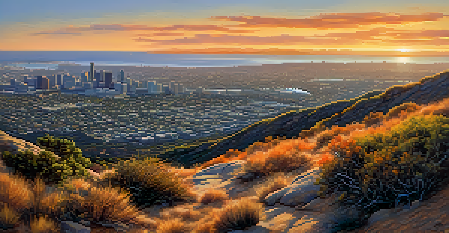 A stunning sunrise view from Cowles Mountain, with the sun illuminating the San Diego skyline and casting warm light over the rocky trail leading to the summit.