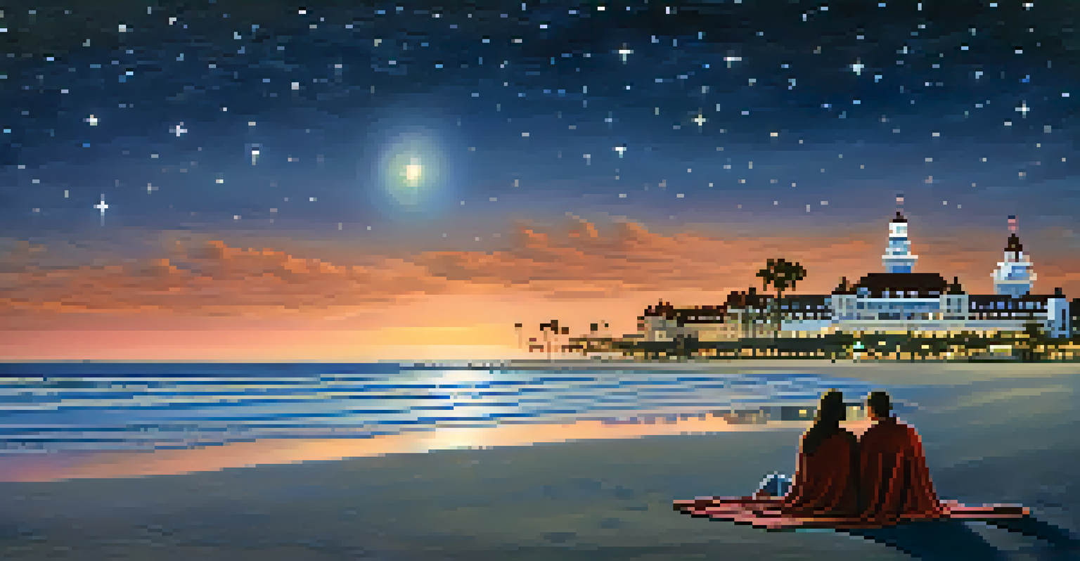 A couple on Coronado Beach under a blanket, looking at stars with the Hotel del Coronado in the background.