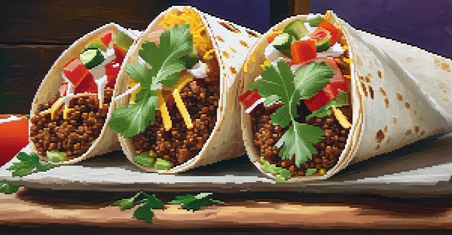 A California burrito and plant-based tacos beautifully arranged on a rustic wooden background.
