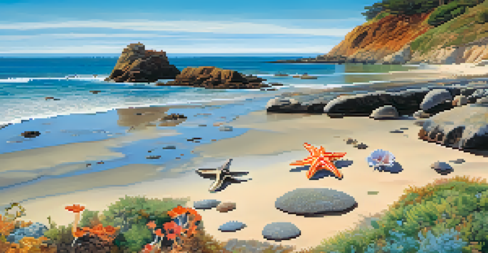 A tranquil beach in San Diego with tide pools containing marine life, rocky cliffs, and seabirds against a blue sky.