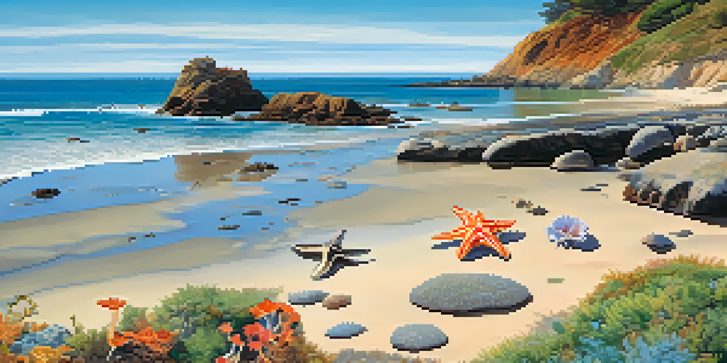 A tranquil beach in San Diego with tide pools containing marine life, rocky cliffs, and seabirds against a blue sky.