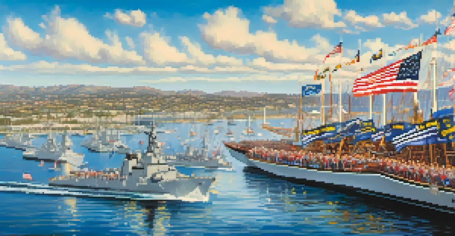 A festive Fleet Week in San Diego with spectators and naval ships in the harbor.
