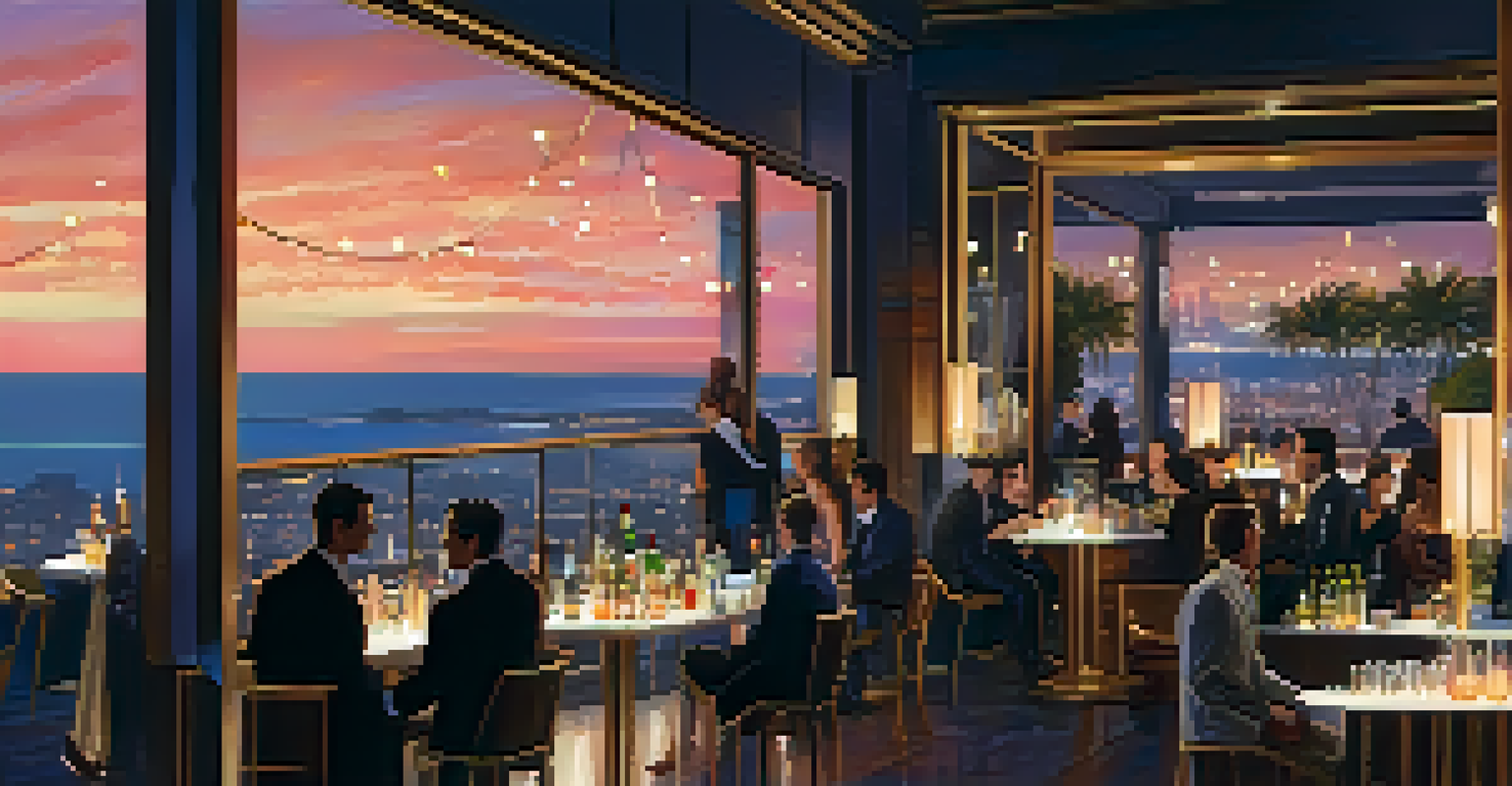 An elegant rooftop bar at night with stylish decor, patrons enjoying cocktails, and city lights in the background.