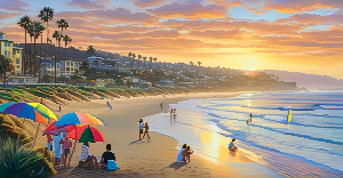 A sunset view of San Diego beach with families enjoying a day at the shore, colorful umbrellas, and waves reflecting golden hues.