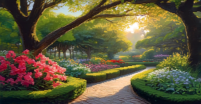 A peaceful garden at sunset, showcasing colorful flowers and greenery with a path winding through, framed by branches.