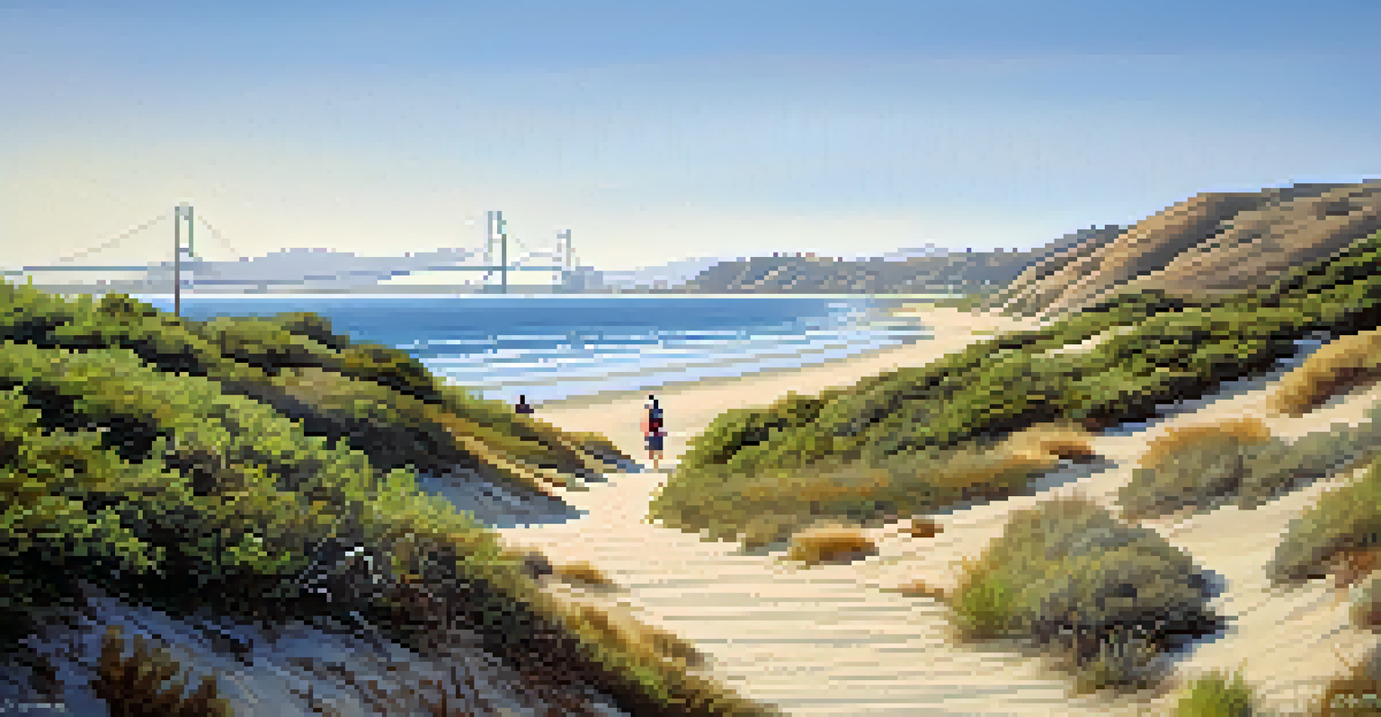 A peaceful view of the Silver Strand Trail on Coronado Island, featuring a sandy path with waves and bay views, along with hikers and shops.