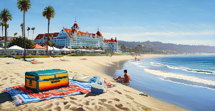A picnic blanket on the beach with palm trees and the Hotel del Coronado in the background.