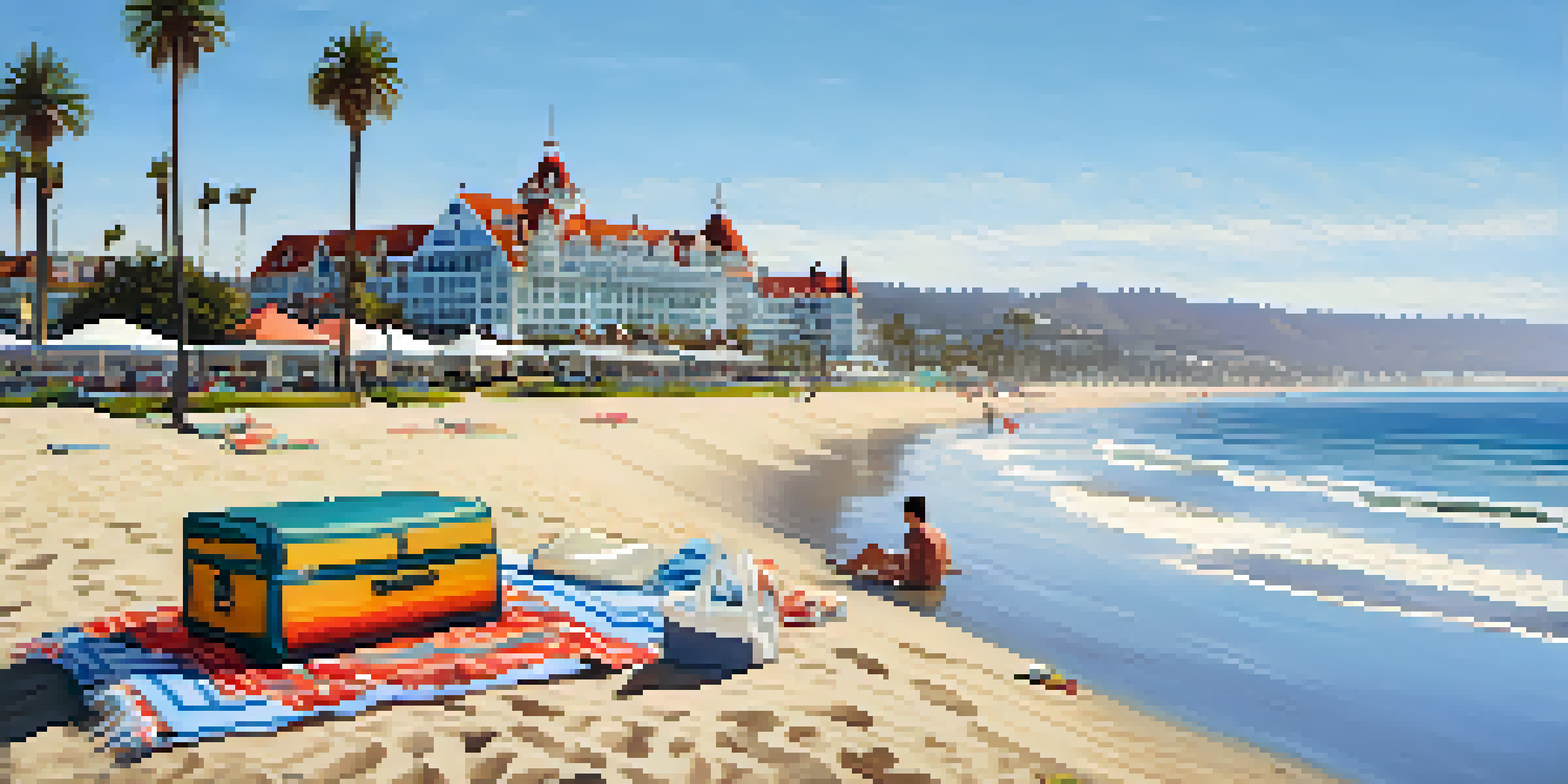 A picnic blanket on the beach with palm trees and the Hotel del Coronado in the background.
