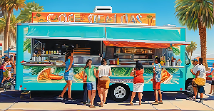 A busy street food scene in San Diego with a colorful food truck serving seafood tacos and people enjoying their meals under a sunny sky.