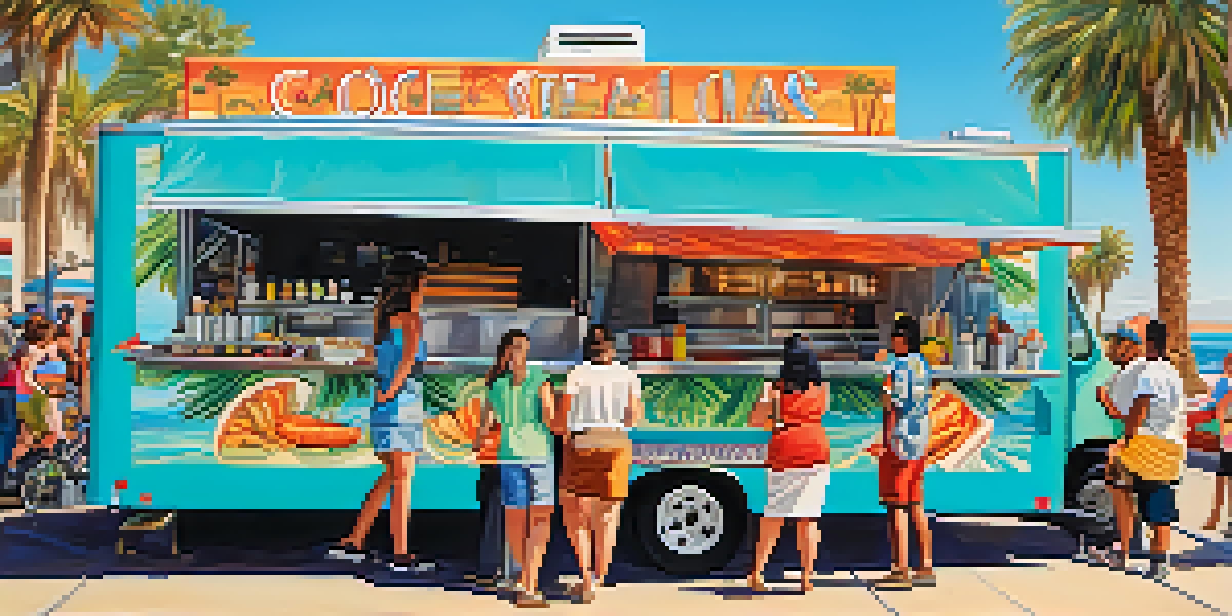 A busy street food scene in San Diego with a colorful food truck serving seafood tacos and people enjoying their meals under a sunny sky.