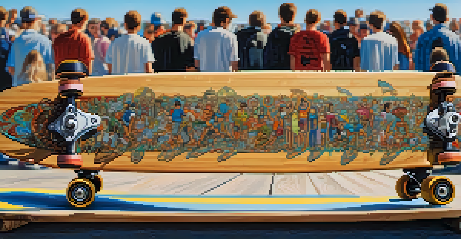 A detailed view of a skateboard deck with artistic designs, placed on a ramp with skaters practicing in the background.