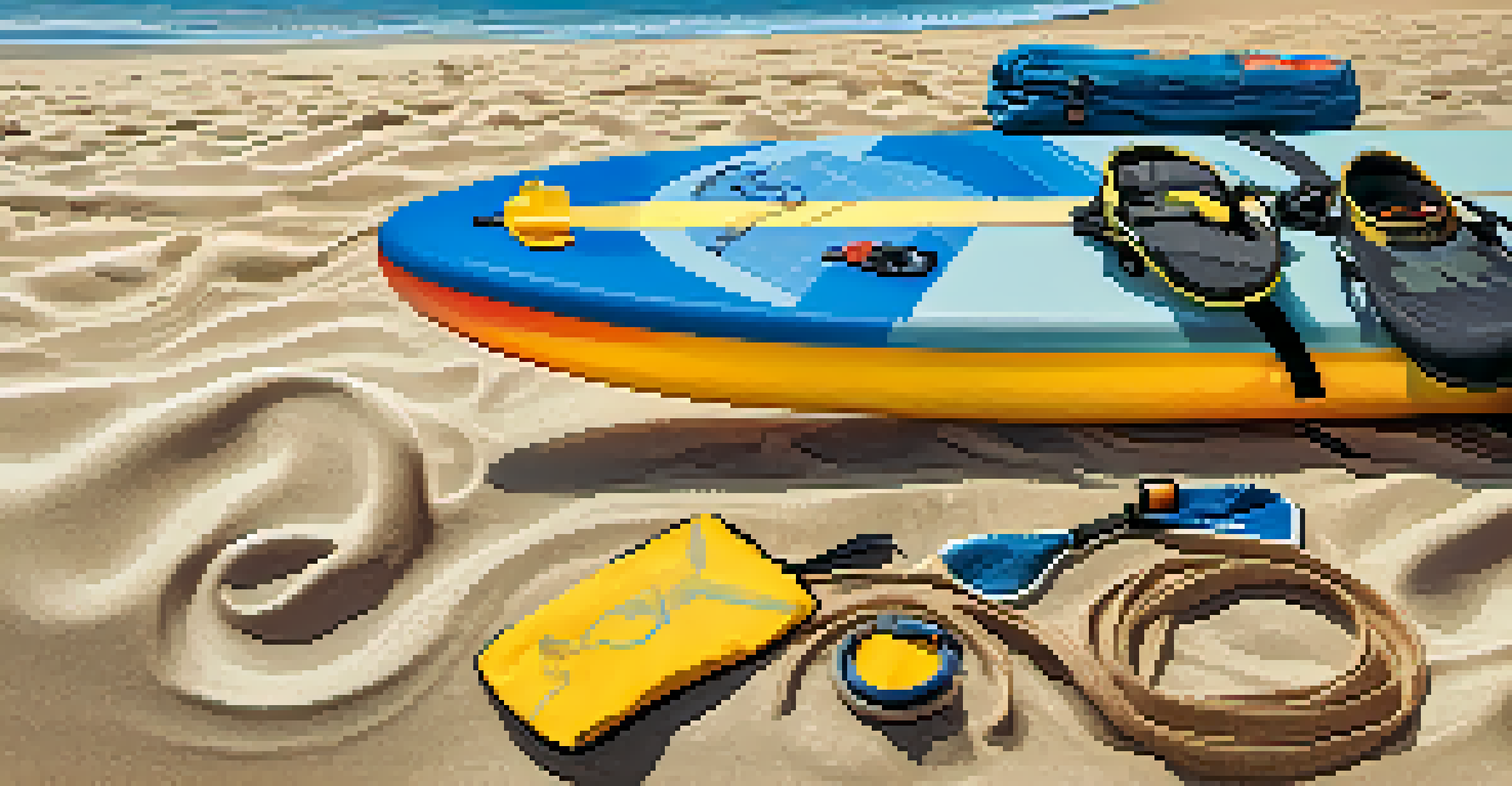 Close-up of paddleboarding gear on a beach, including a paddleboard and a flotation device with ocean waves in the background.