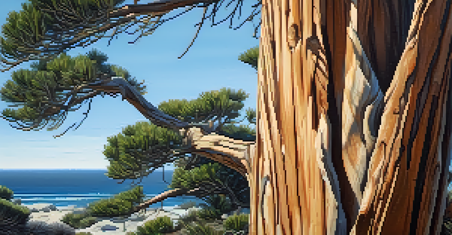 Close-up of a Torrey Pine tree displaying its unique twisted trunk and long needles against a clear blue sky and ocean.