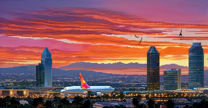 A sunset view of San Diego's skyline with silhouettes of aerospace structures and aircraft in the foreground, showcasing vibrant colors in the sky.