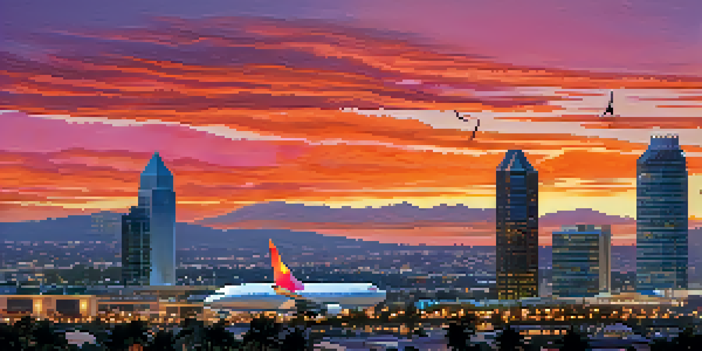 A sunset view of San Diego's skyline with silhouettes of aerospace structures and aircraft in the foreground, showcasing vibrant colors in the sky.