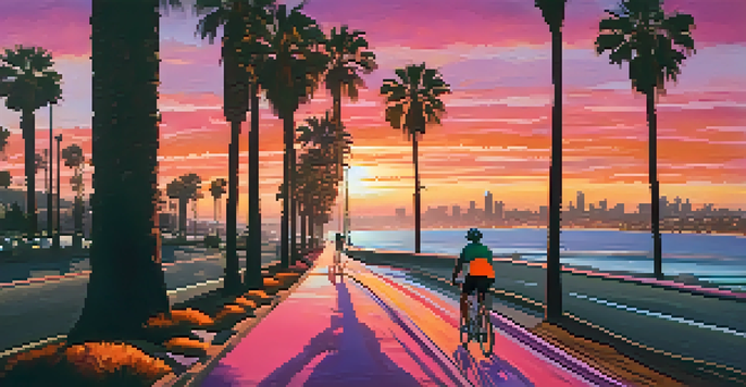 A cyclist rides along a scenic bike lane by the San Diego coastline at sunset, with palm trees and a vibrant sky.