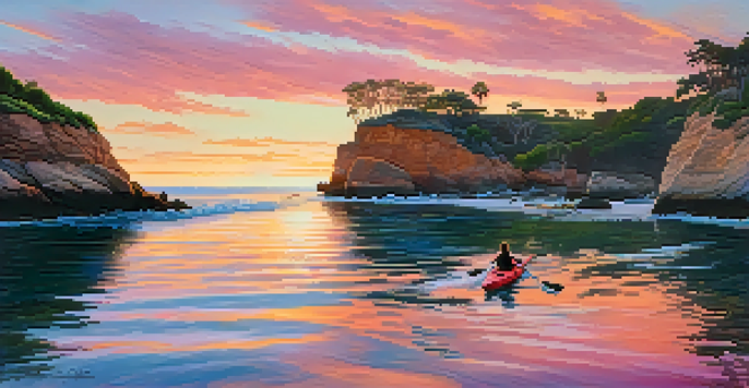 A kayaker paddling in calm waters at La Jolla Cove during a colorful sunset with cliffs and sea lions in the background.