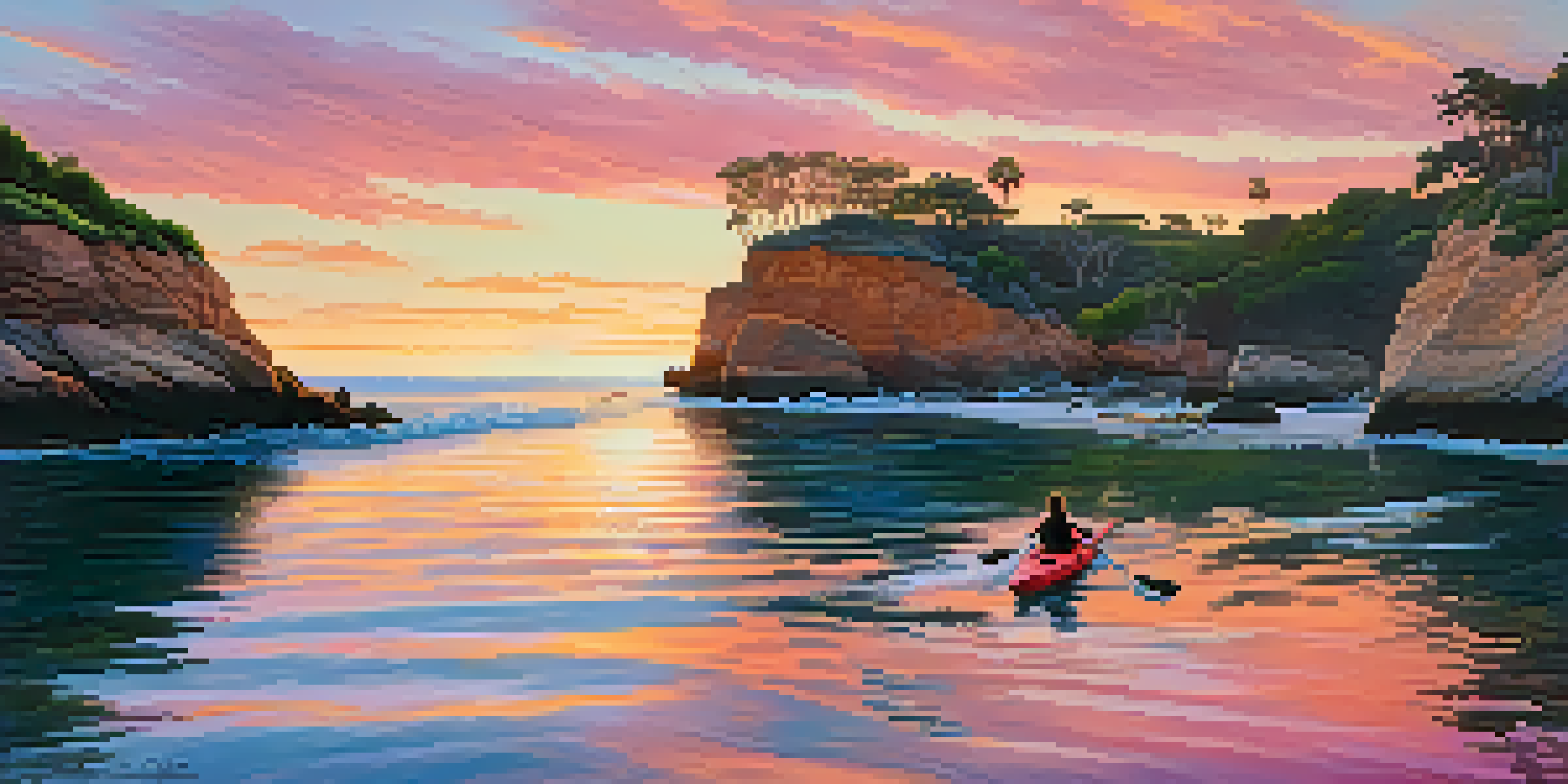 A kayaker paddling in calm waters at La Jolla Cove during a colorful sunset with cliffs and sea lions in the background.