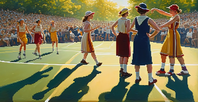 A historical women's basketball game in San Diego, with female athletes in 1920s uniforms and a cheering crowd.