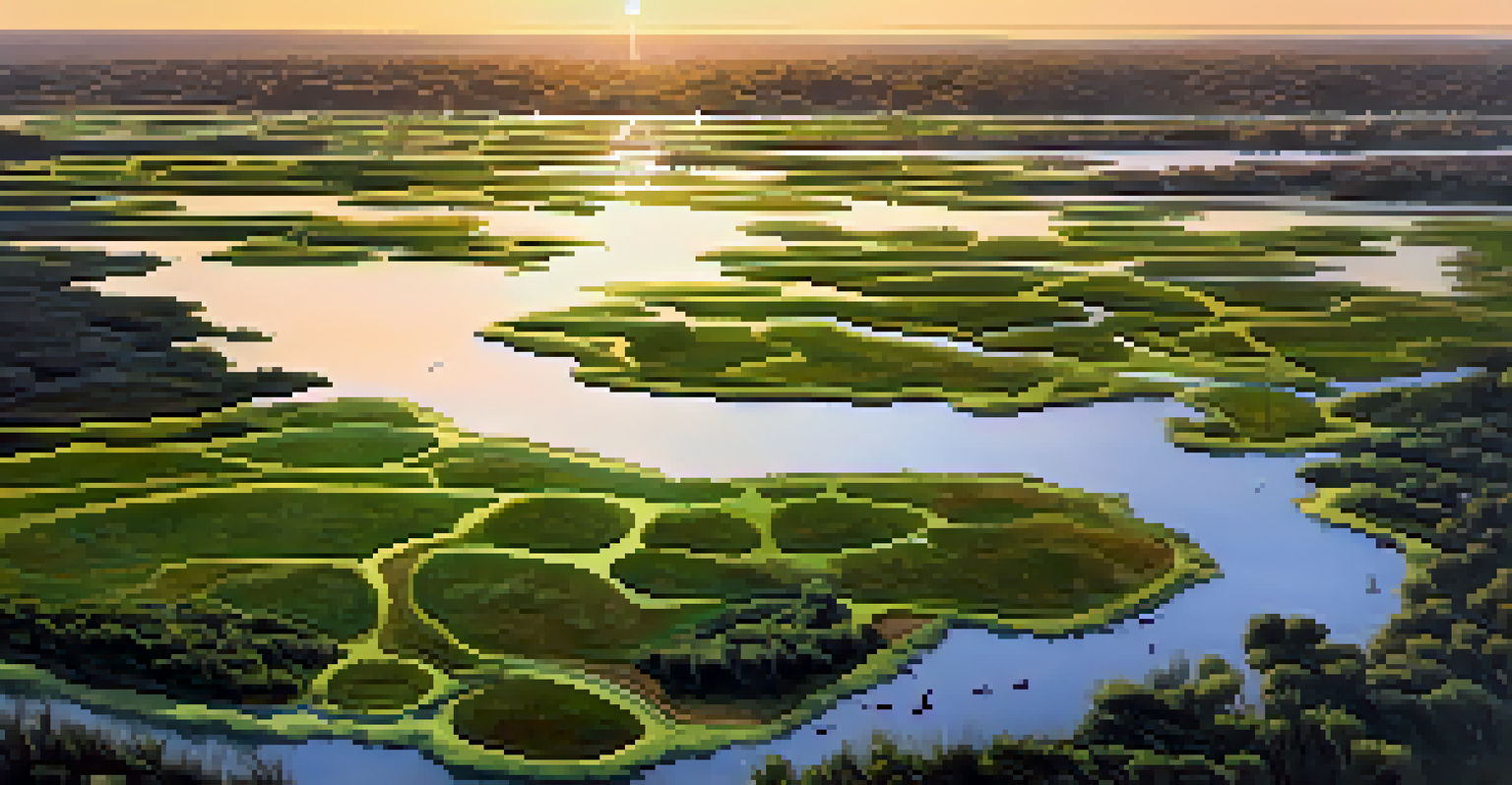 Aerial view of a serene wetland ecosystem in San Diego at sunset, featuring lush greenery and wading birds in the water.