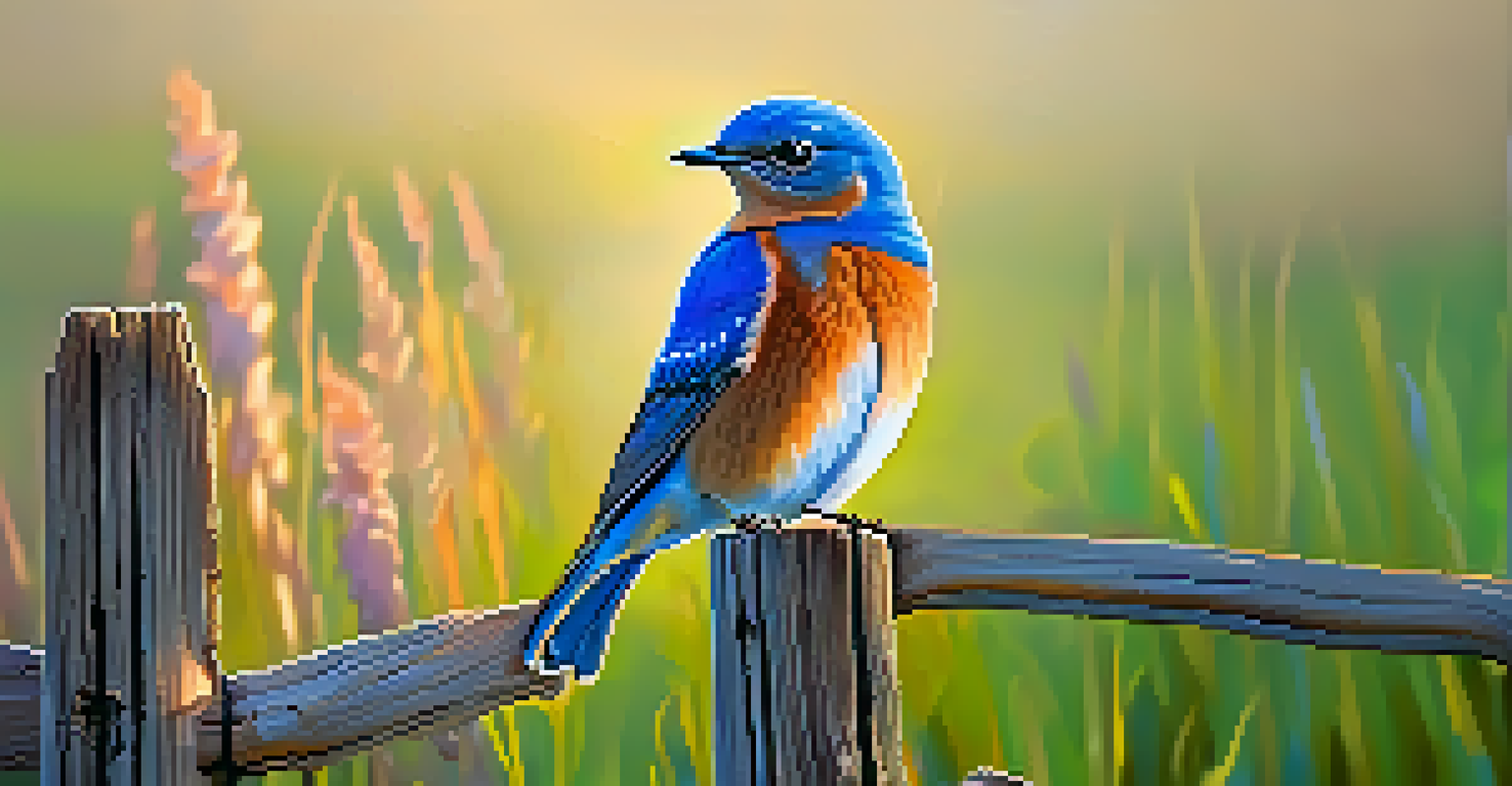A Western Bluebird sitting on a fence post in a sunlit grassy field.