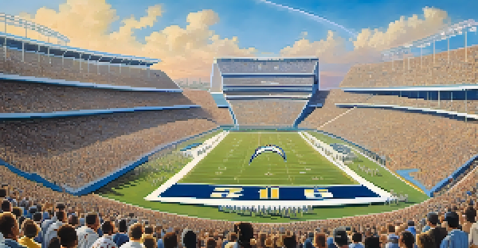 A lively football game in 1960 with fans in San Diego Chargers jerseys cheering in a bright stadium, players in vintage uniforms in action on the field.