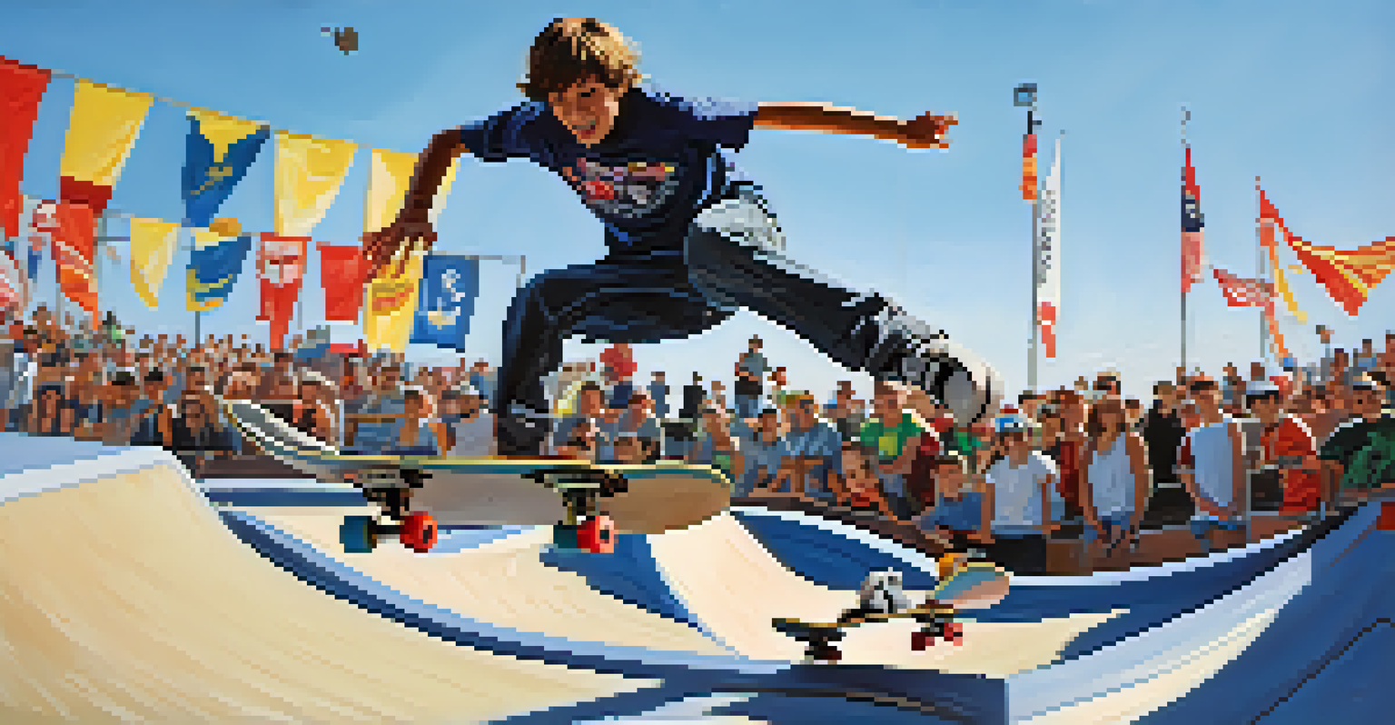 A young skater performing a trick during a skateboarding competition in a lively San Diego skate park, with an excited audience in the background.