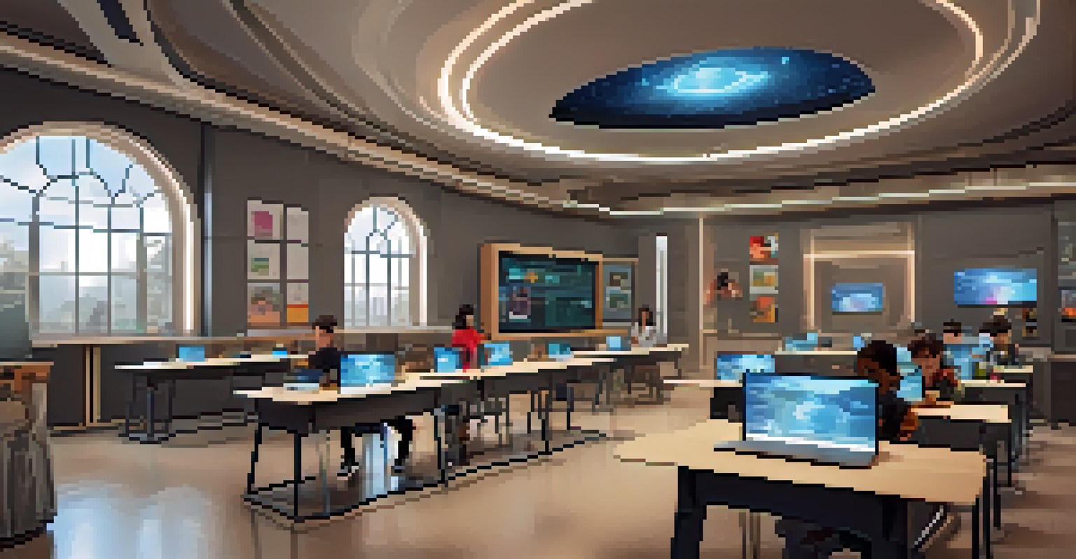 A modern classroom featuring students using virtual reality and digital technology for an immersive online learning experience.
