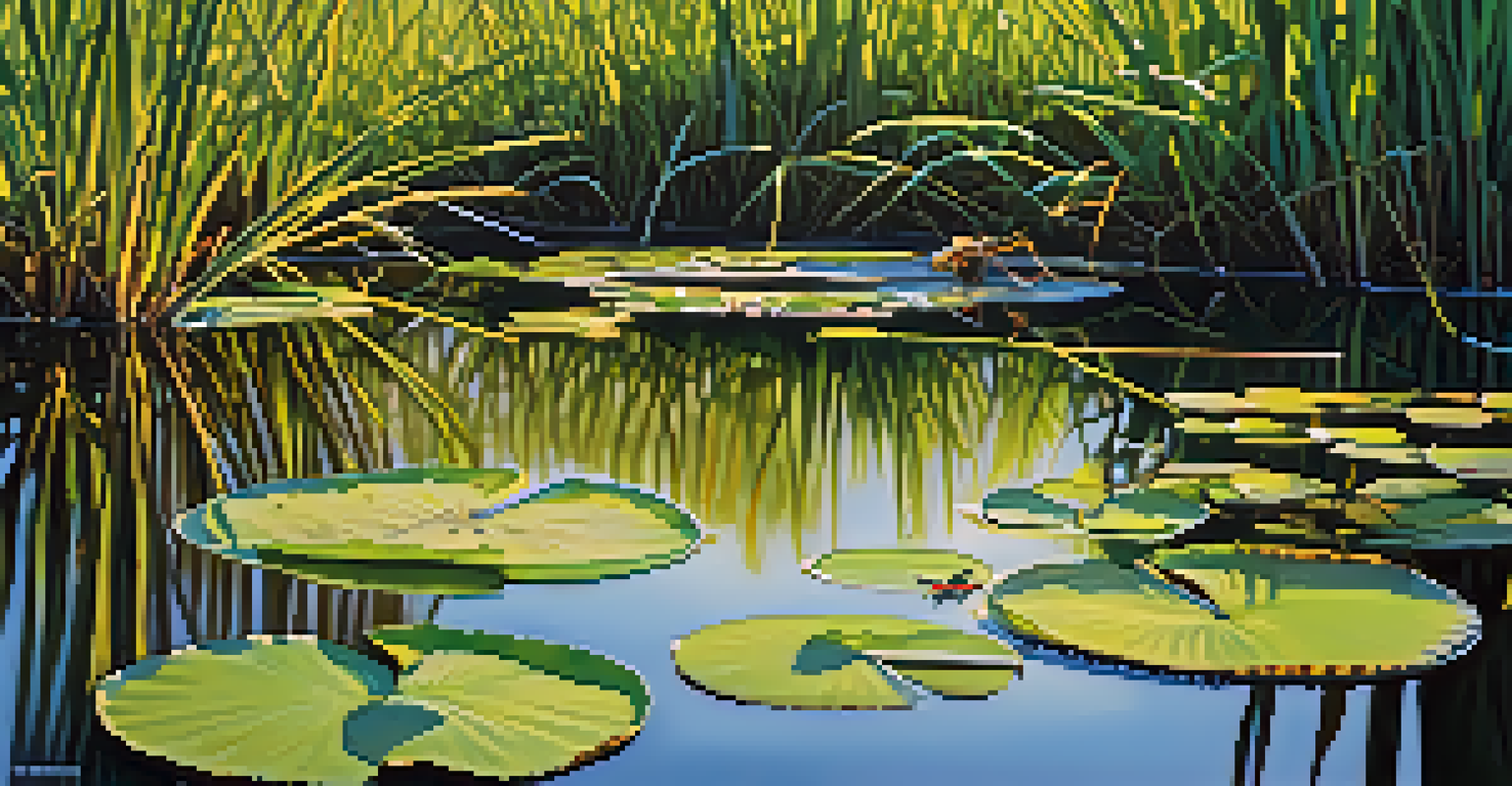 A close-up of a freshwater marsh with diverse plants, dragonflies, and a frog on a lily pad, illuminated by sunlight.