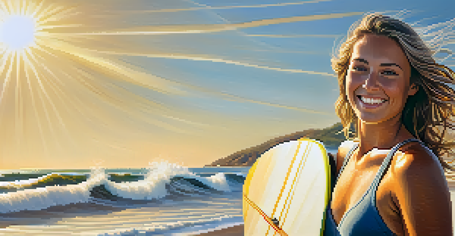 A young female surfer smiling with her surfboard on the beach, with the ocean in the background.
