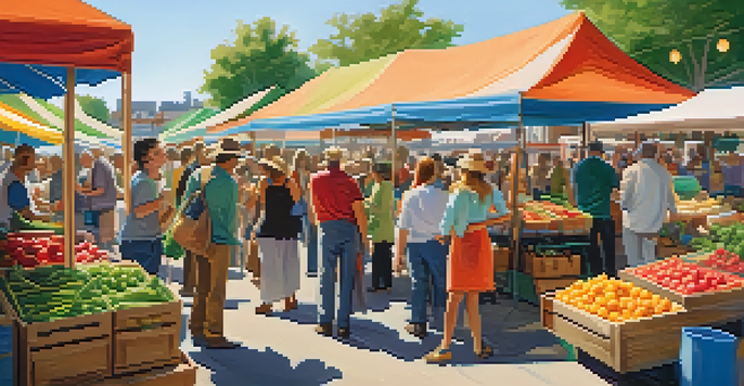 A lively farmers market with colorful fruits and vegetables, local farmers, and live music creating a joyful atmosphere.
