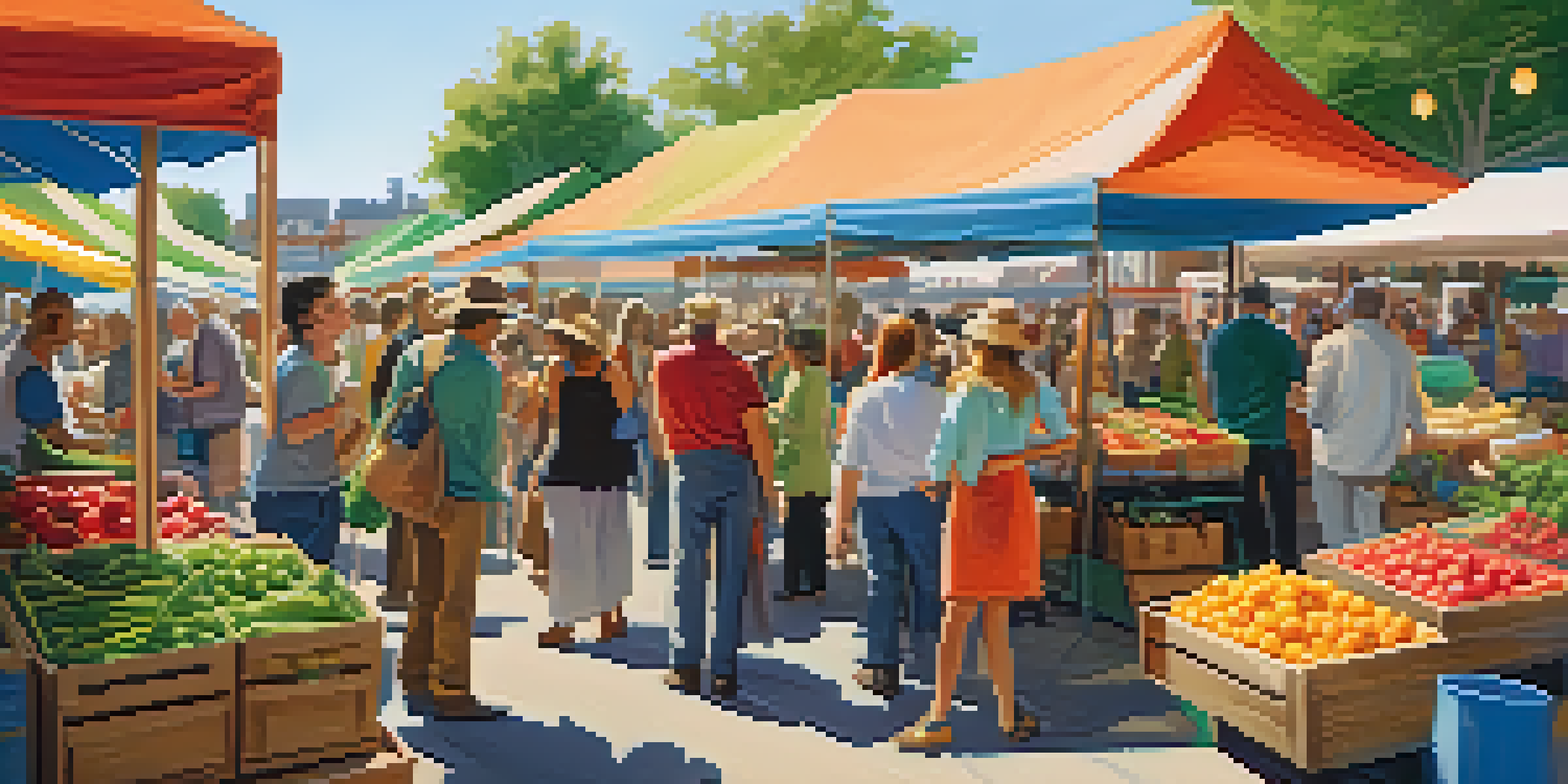 A lively farmers market with colorful fruits and vegetables, local farmers, and live music creating a joyful atmosphere.