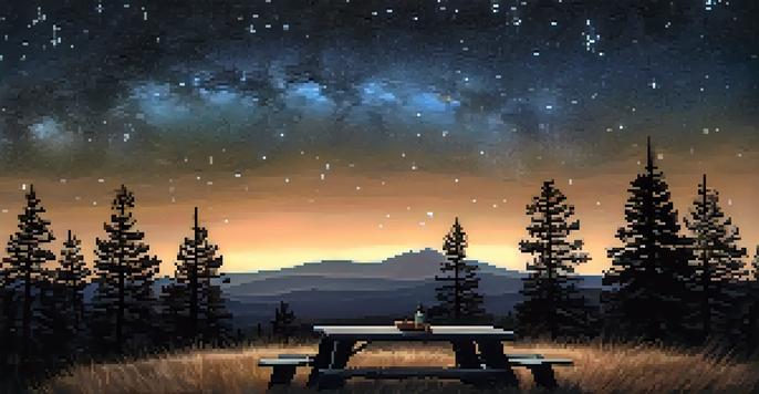 A scenic view of Mount Laguna at night, showcasing a starry sky and the Milky Way, with a picnic blanket in the foreground.