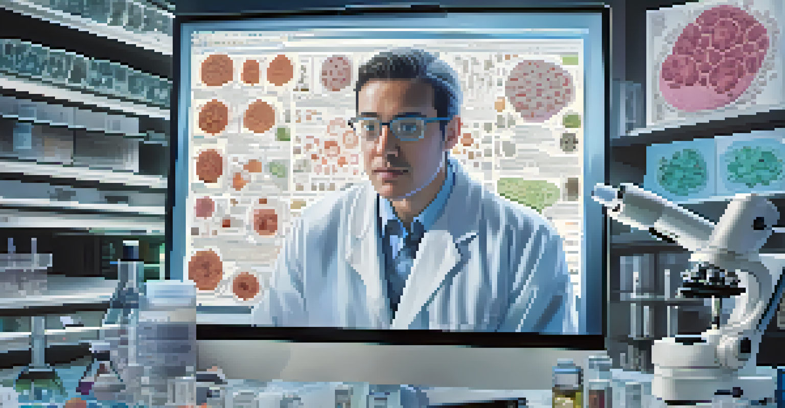 A researcher looking through a microscope with detailed cell images on a computer screen.