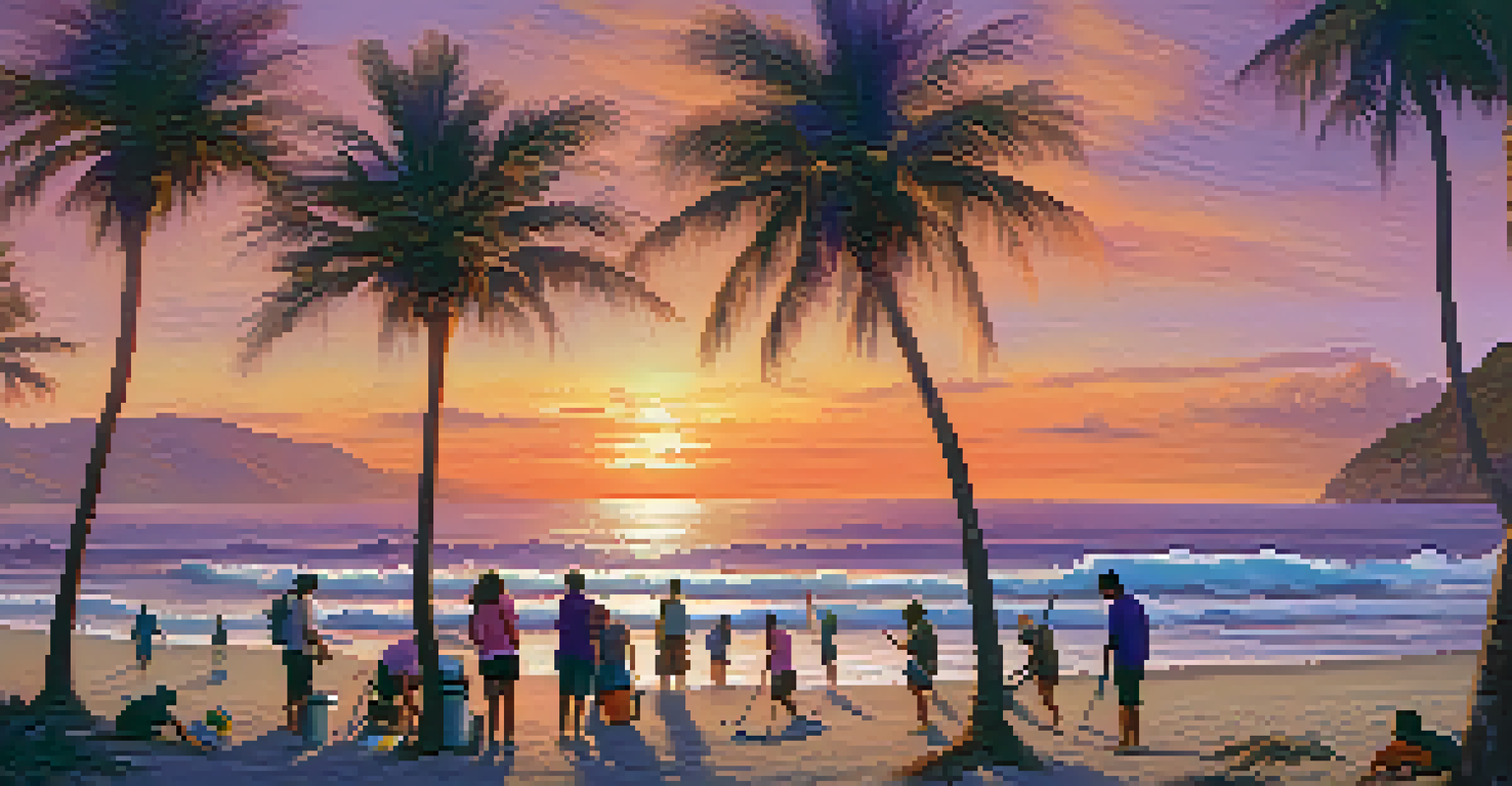 A beach cleanup scene at sunset with volunteers on a sandy beach, surrounded by palm trees and waves.